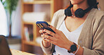 Phone, hands and student with woman at home for university application, research and social media. Networking app, college portal and closeup of person in apartment for website, typing and online