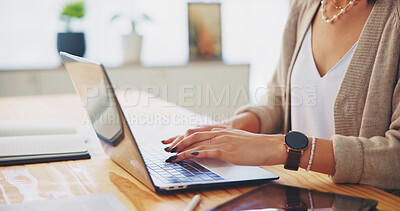 Buy stock photo Hands, laptop and freelancer with woman in home office for virtual assistant, online consultant and contact. Email marketing, remote work and typing with closeup of person in apartment for internet