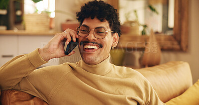Buy stock photo Man, phone call and relax on couch, happy and excited in living room, chat and laughing in home. Person, smartphone and funny conversation with contact, lounge and talk on mobile network at apartment