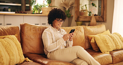 Buy stock photo Smartphone, woman and mobile app in home with smile, texting or communication on couch for relax. Female person, typing and happy on technology in apartment for post, online or website in living room