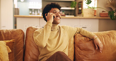 Buy stock photo Man, phone call and relax on sofa, happy and reading in living room, chat and talking in home. Person, smartphone and conversation with contact, lounge and couch with mobile network at apartment