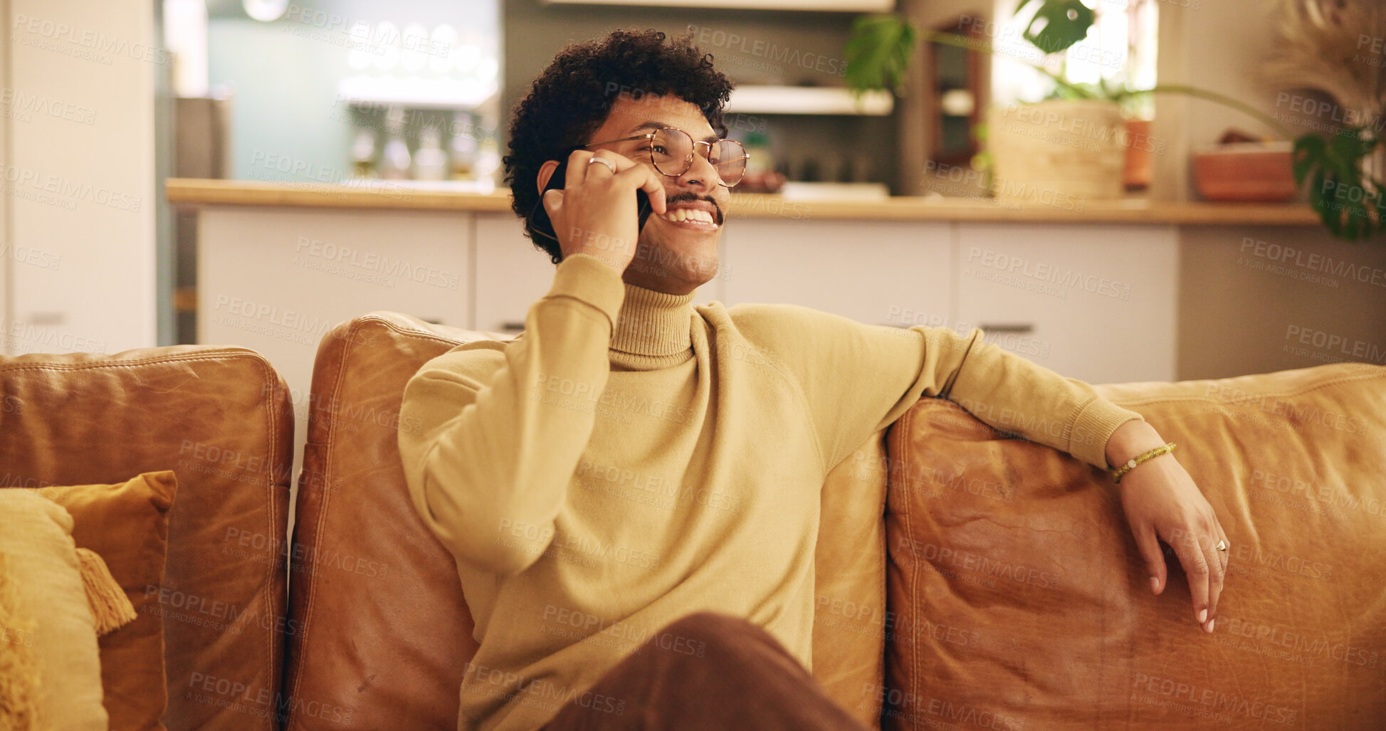 Buy stock photo Man, phone call and relax on sofa, happy and reading in living room, chat and talking in home. Person, smartphone and conversation with contact, lounge and couch with mobile network at apartment