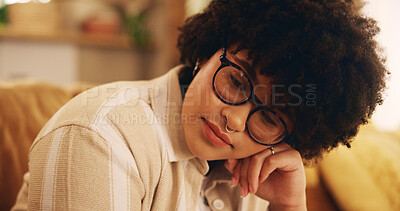 Buy stock photo Sad, thinking and tired with woman on sofa for reflection, depression and anxiety. Mental health, grief and memory with female person in living room at home for bored, fatigue and disappointed 