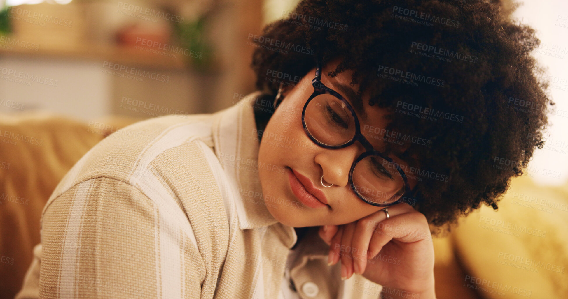 Buy stock photo Sad, thinking and tired with woman on sofa for reflection, depression and anxiety. Mental health, grief and memory with female person in living room at home for bored, fatigue and disappointed 