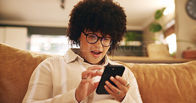 Buy stock photo Woman, phone and surprise on sofa in home with notification, winning or profit with trading in lounge. Girl, person and smartphone with mobile app, wow and success with investment at apartment