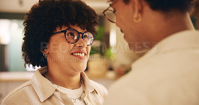 Buy stock photo Home, happiness and couple with love, face and bonding together with relationship. Apartment, man and woman with marriage, care and trust with commitment, conversation and romance with joy and calm