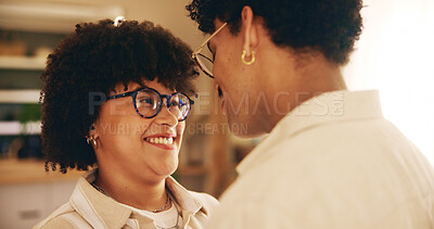 Buy stock photo Home, smile and couple with love, face and bonding together with happiness. Apartment, man and woman with marriage, relationship and trust with care, conversation and romance with commitment and calm