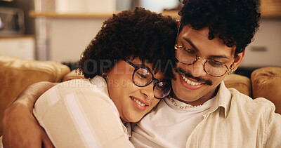 Buy stock photo Happy couple, bonding and living room with hug, cheerful or together on couch in home for relax. Woman, man and relationship for connection as partners for embrace, peace or weekend on sofa in lounge