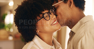 Buy stock photo Couple, bonding and living room with kiss, cheerful and together in home for affection. Woman, man and relationship for connection as romantic partners for love, happiness or support on weekend