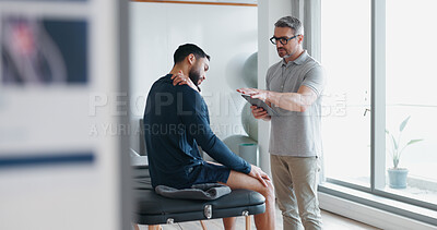 Buy stock photo Physiotherapy, tablet and shoulder pain with people in clinic for rehabilitation, healthcare or consulting. Support, medical and chiropractor with man and athlete for healing, advice or report