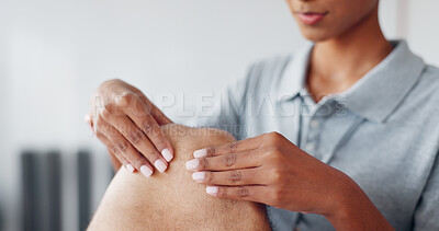 Buy stock photo Hands, knee pain and injury for help with physiotherapy at clinic with recovery, process and relief for legs. Person, patient and massage for ache, joint and rehabilitation for wellness at hospital