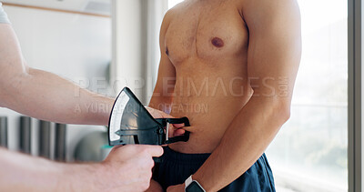 Buy stock photo Hands, caliper and stomach for body fat with health assessment, skin and weight loss at wellness clinic. Doctor, abdomen and inspection for progress, bmi test and check for muscle growth at hospital