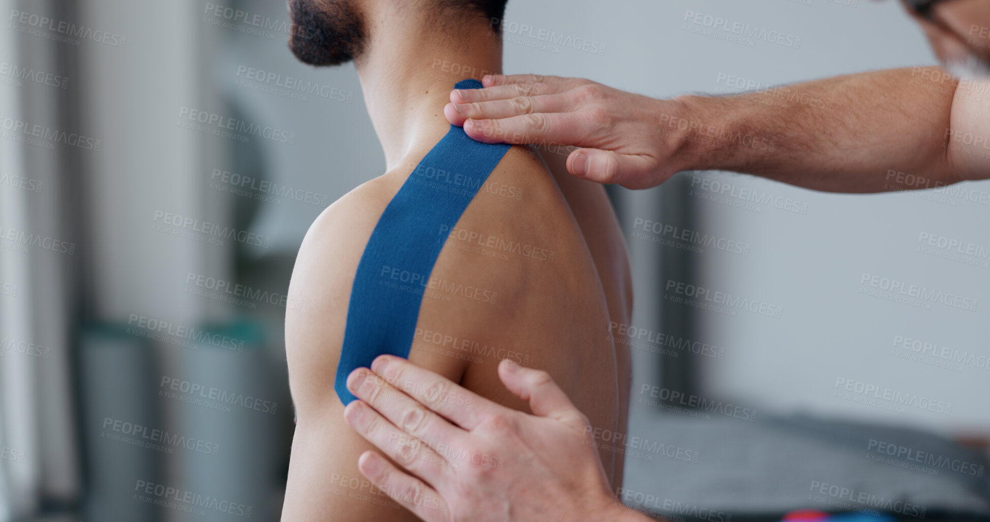 Buy stock photo Physiotherapist, patient and hands with tape for injury, recovery or service for health at clinic. People, help and support with application for shoulder pain, muscle and rehabilitation at hospital
