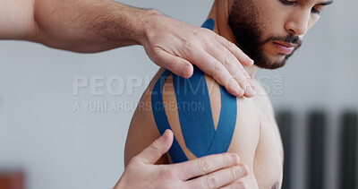 Buy stock photo Physiotherapist, patient and hands with tape for shoulder pain, recovery or service for health at clinic. People, help and support with application for injury, muscle and rehabilitation at hospital