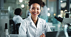 Woman, portrait and happy scientist in research lab for experiment, test and biotechnology with microbiologist. Face, smile and person with microscope for science, medical development and healthcare