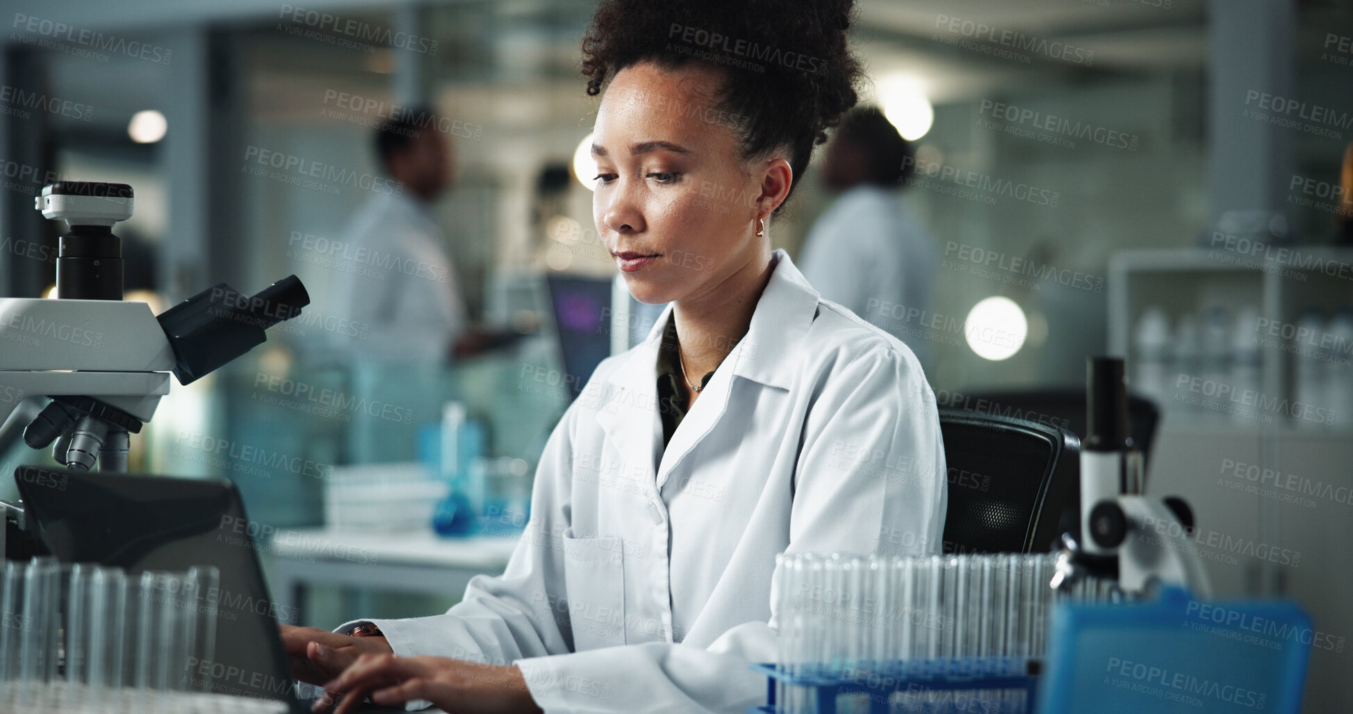 Buy stock photo Scientist, woman and laptop with notes for biochemistry, experiment and pathology research. Microscope, biotechnology and report for laboratory, pharmaceutical development or genetic DNA study
