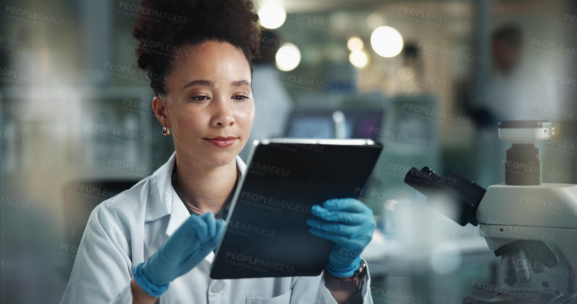 Buy stock photo Woman, tablet and scientist in lab at night, research notes and study on genetic analysis. Female person, biology investigation and internet for experiment update, check science and site for plan