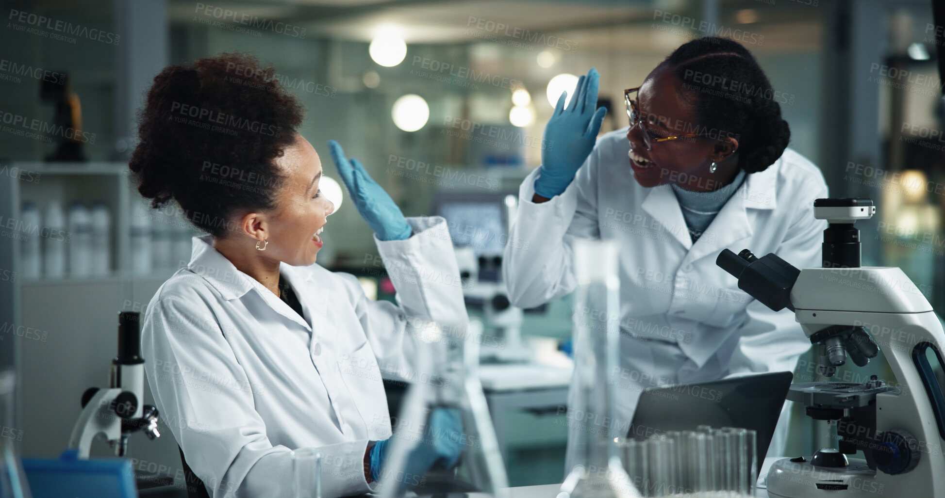Buy stock photo Scientist, women and high five with microscope for celebration, experiment and pathology breakthrough. Biochemistry, research or discovery for sample success, pharmaceutical development and DNA study