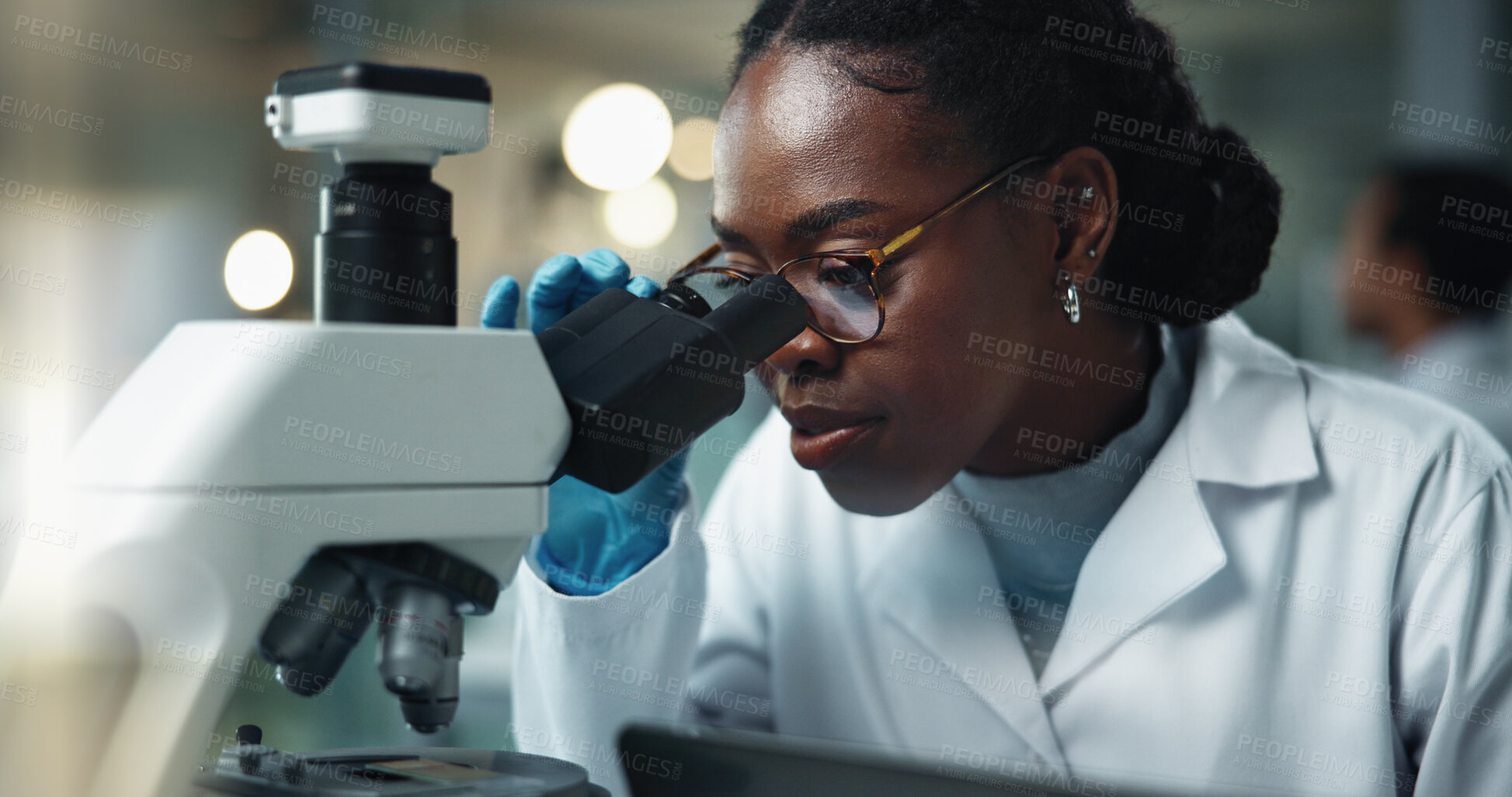 Buy stock photo Black woman, scientist and microscope research for laboratory and medical study with pharma investigation. Virus, staff and vaccine testing for health science with working healthcare professional