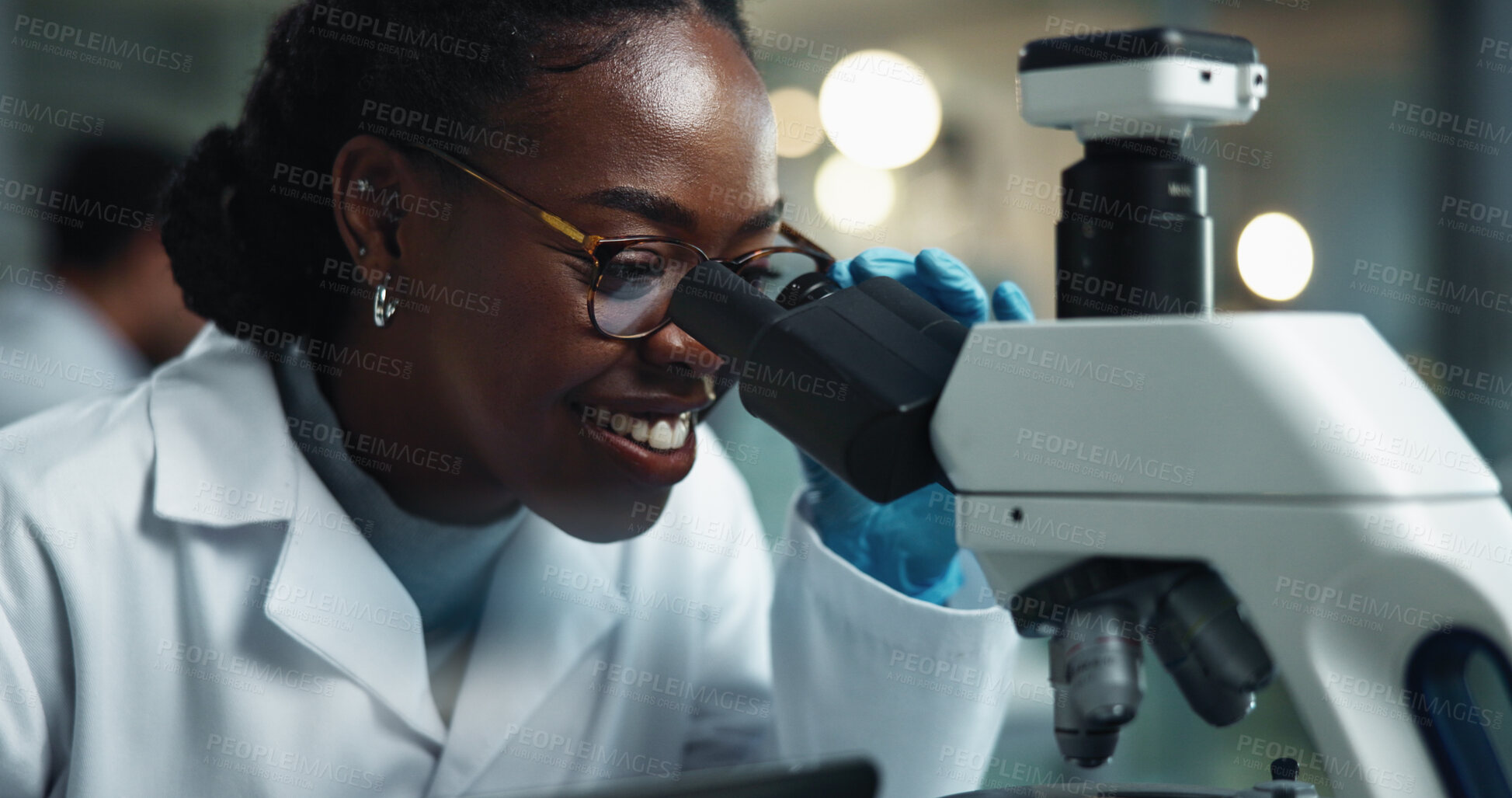 Buy stock photo Black woman, happy scientist and microscope for lab research and medical study with pharma investigation. Virus, biotechnology and vaccine test for health science with working healthcare professional