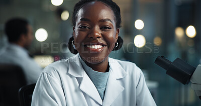 Buy stock photo Black woman, scientist and portrait at night with smile, science research and medical study in lab. Happy, professional and healthcare professional with confidence and pharma breakthrough at job