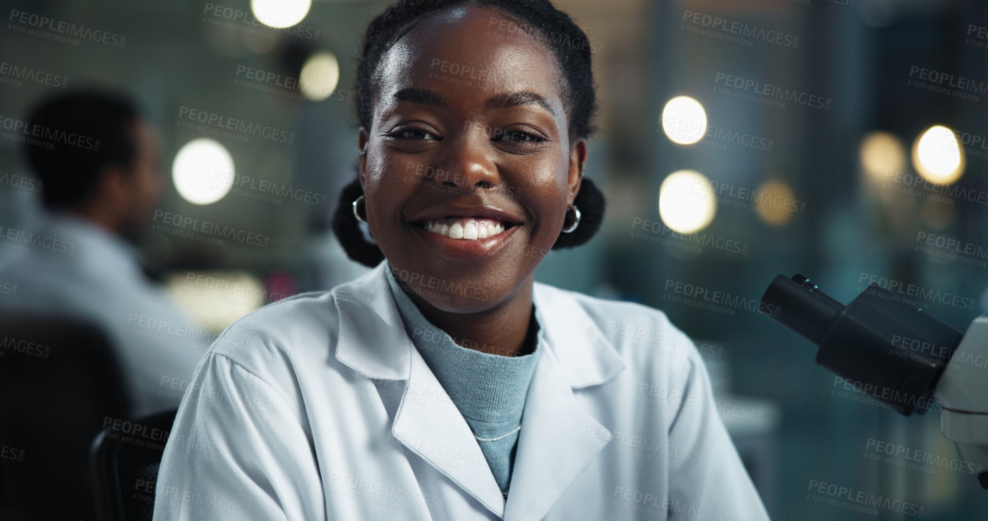 Buy stock photo Black woman, scientist and portrait at night with smile, science research and medical study in lab. Happy, professional and healthcare professional with confidence and pharma breakthrough at job