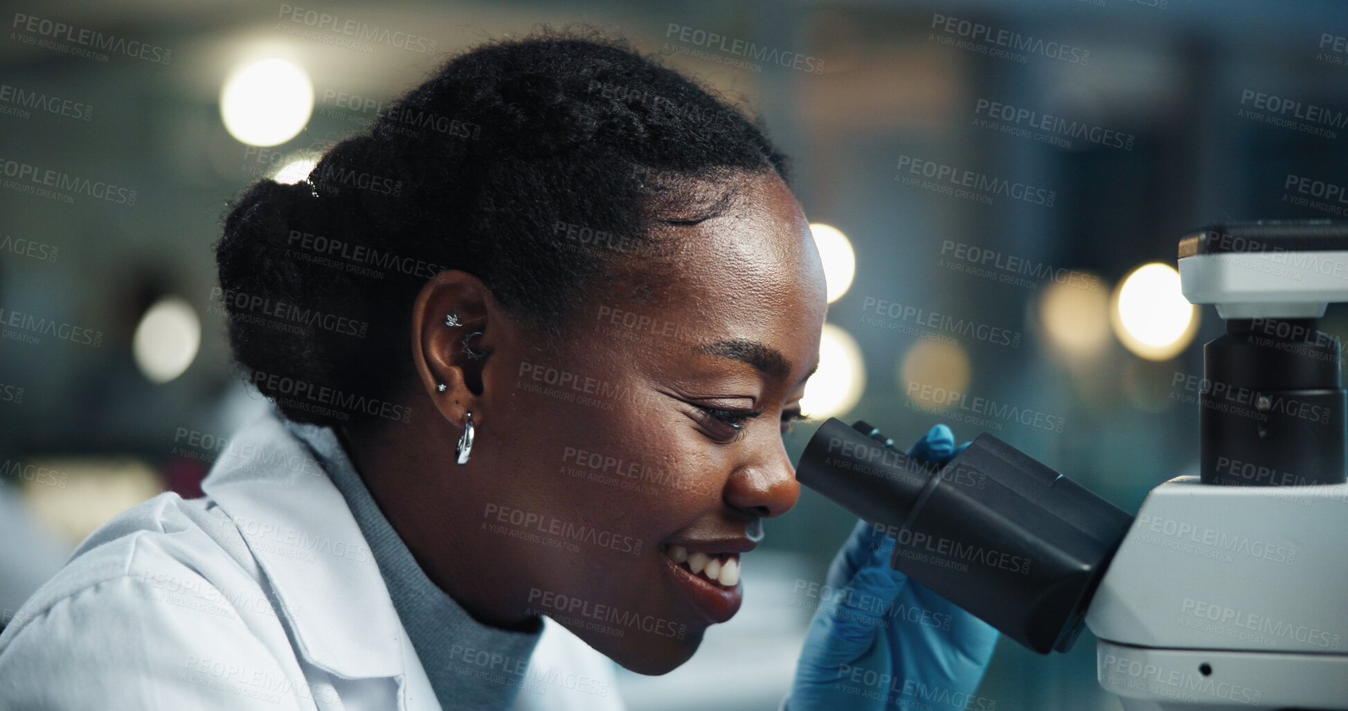 Buy stock photo Happy black woman, microscope and research for science experiment, analysis or biotechnology. Smile, scientist and microbiology test for medical development, healthcare innovation and pharma in lab