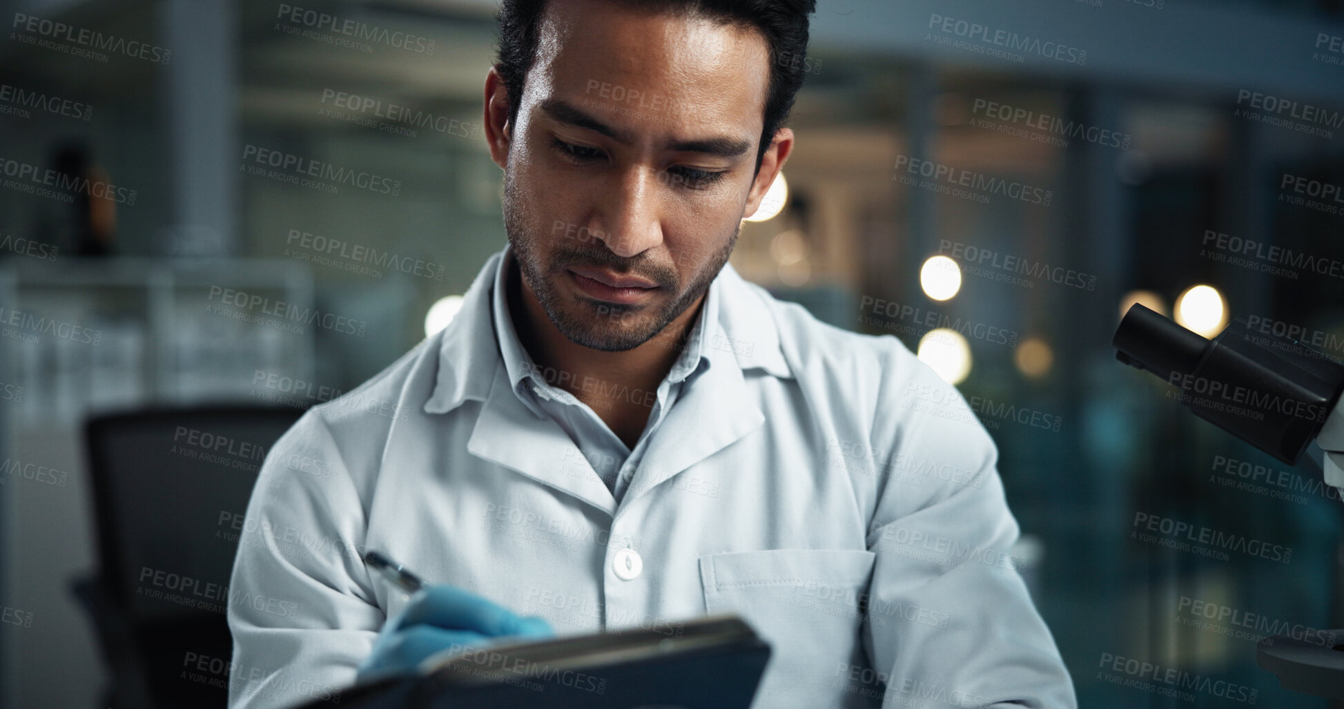 Buy stock photo Scientist, man and writing with notebook in lab with stats, check or process for vaccine development. Person, book and planning for medical research, insight and trial for drugs at pharmaceutical job