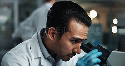 Buy stock photo Man, microscope and scientist research in laboratory for experiment, medical analysis or biotechnology. Test, science and microbiology for medicine development, healthcare innovation and pharma study