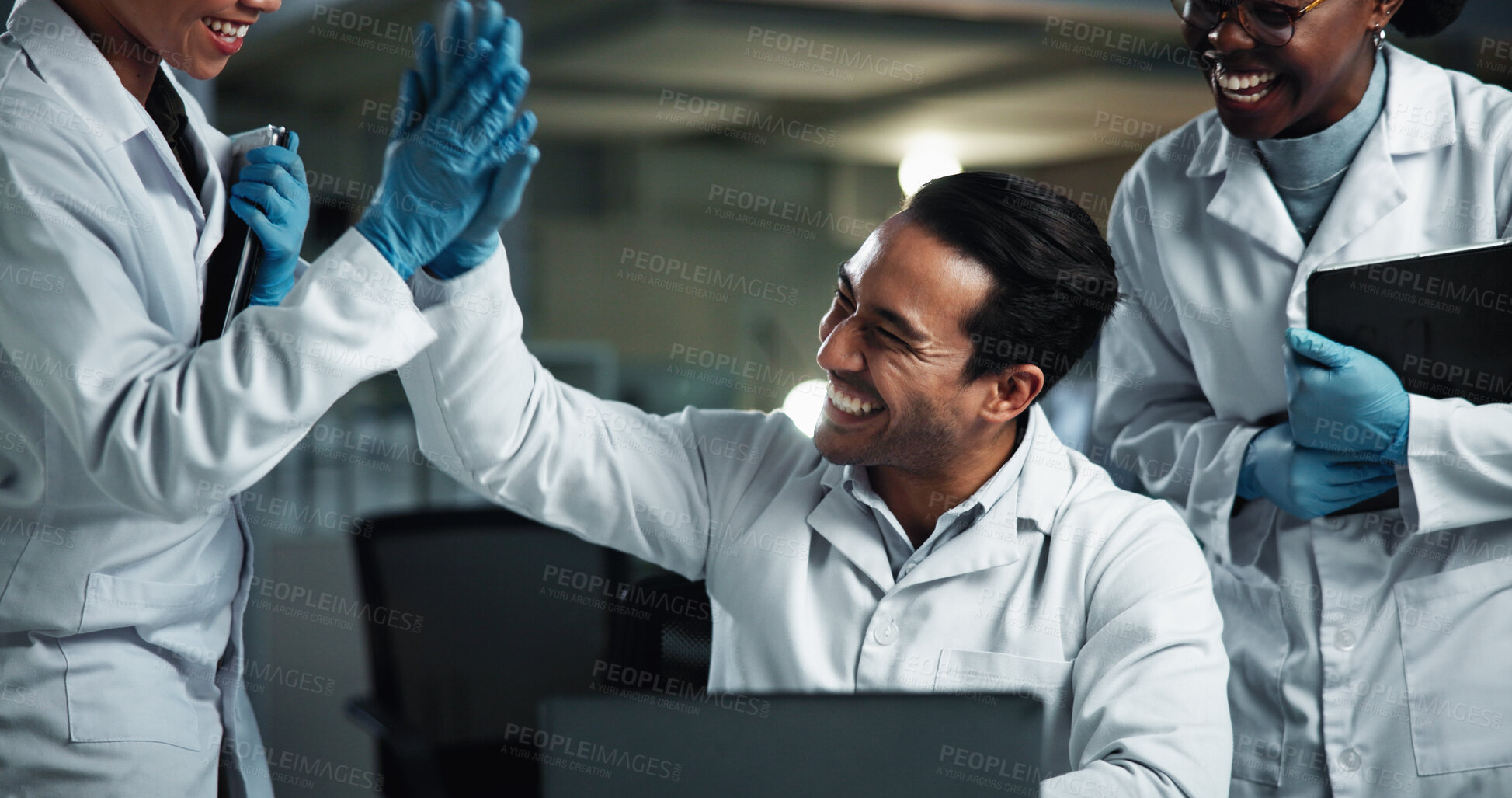 Buy stock photo Scientist, high five and team with laptop for biochemistry, experiment and pathology breakthrough. Man, women and celebration for sample discovery, pharmaceutical development and DNA study success