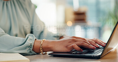 Buy stock photo Business woman, laptop and hands with press release in office with digital job. Website, worker typing and professional email with research, working and online planning for project with technology