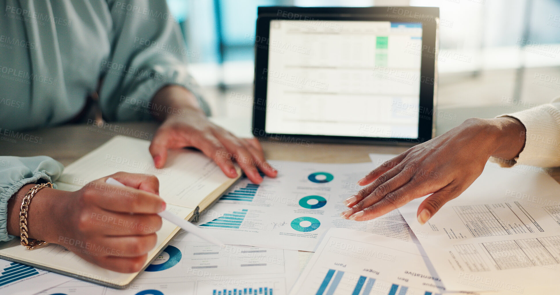 Buy stock photo Business people, hands or tablet screen with documents for project management or schedule planning at office. Employees, team or colleagues working with technology, paperwork or agenda for deadline