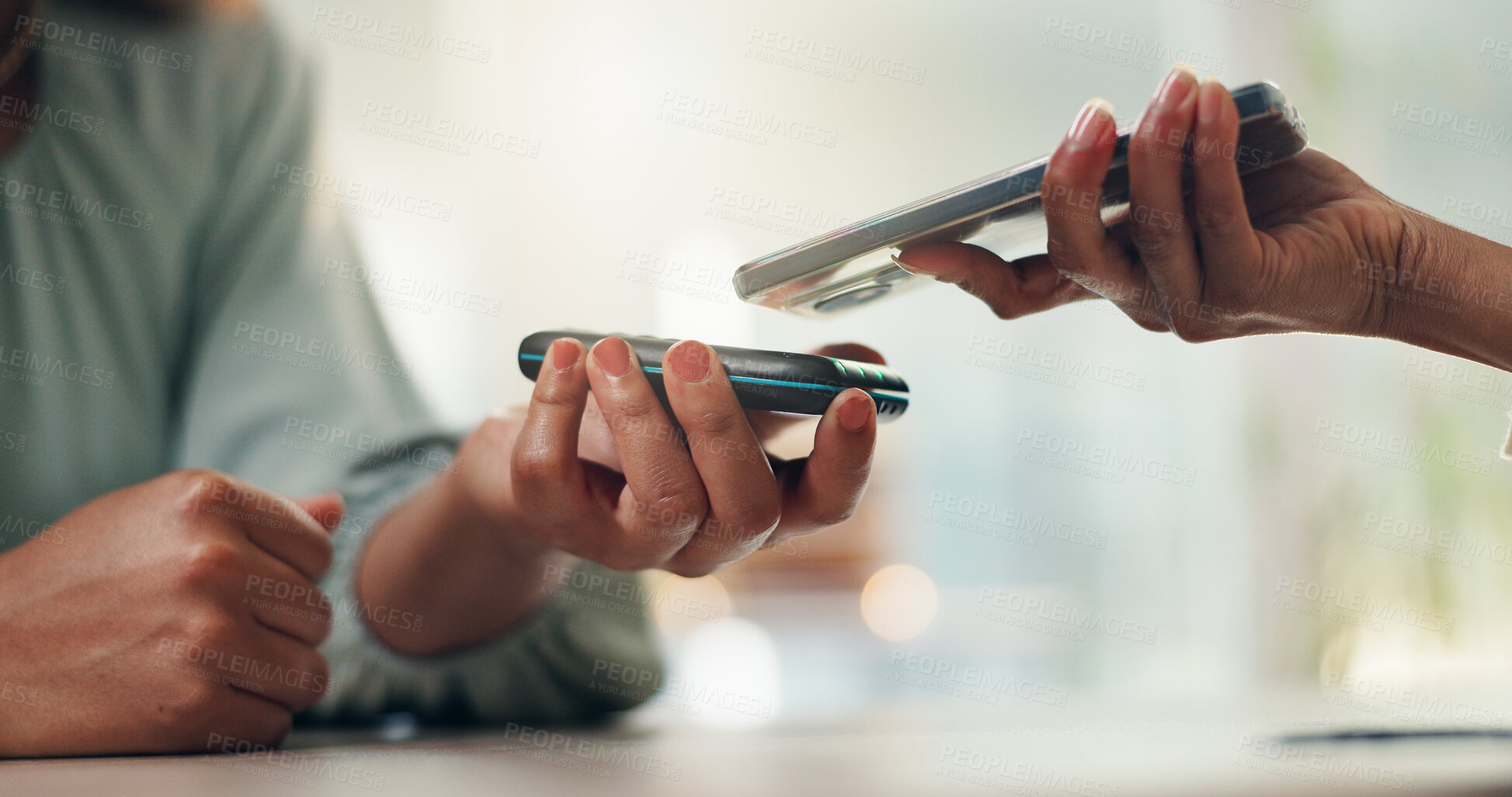 Buy stock photo Person, hands or pos machine with phone for payment, electronic transaction or tap. Closeup, therapist or patient paying with mobile smartphone for app, mobile reader or wireless banking at checkout