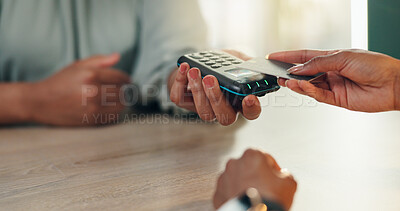 Buy stock photo Person, hands or pos machine with credit card for payment, electronic transaction or chip tap. Closeup, therapist or patient paying with debit for contactless or wireless banking at clinic checkout