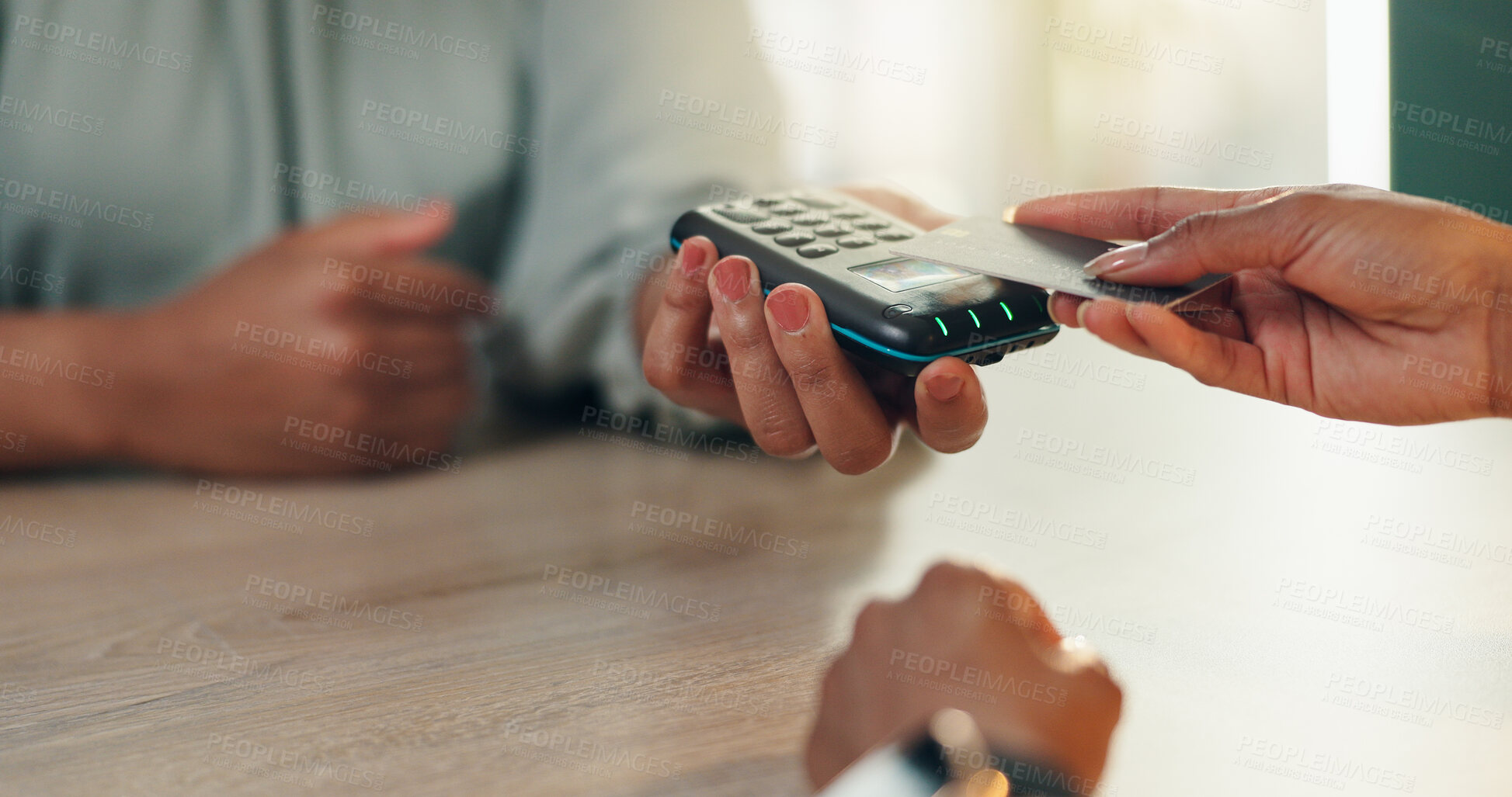 Buy stock photo Person, hands or pos machine with credit card for payment, electronic transaction or chip tap. Closeup, therapist or patient paying with debit for contactless or wireless banking at clinic checkout