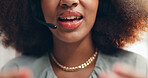 Closeup, woman and mouth with mic at call center for customer support, online advice or consulting at office. Female person, lips and agent talking with headset for virtual assistance, help or chat