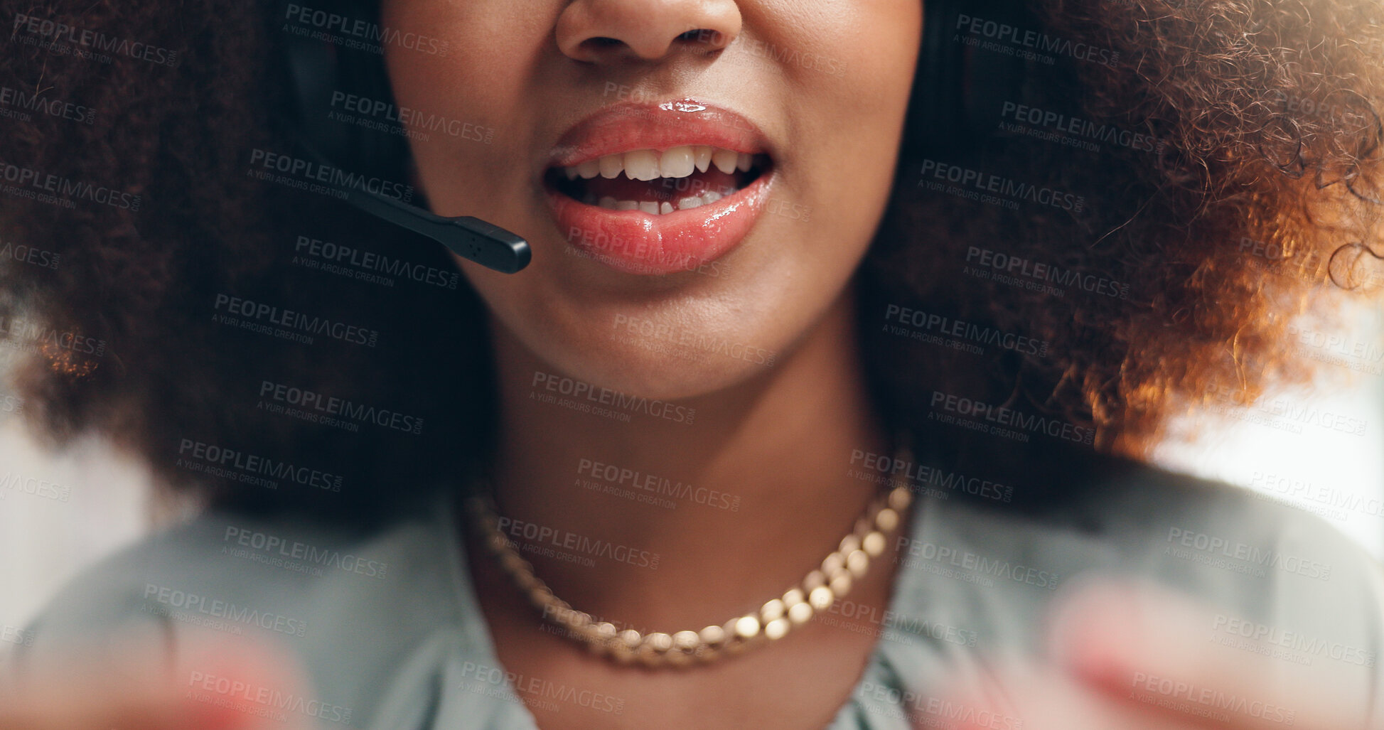 Buy stock photo Closeup, woman and mouth with mic at call center for customer support, online advice or consulting at office. Female person, lips and agent talking with headset for virtual assistance, help or chat