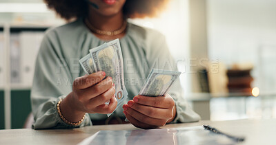 Buy stock photo Business woman, hands or counting with cash for finance, profit or salary increase at office desk. Female person, accountant or employee with paper bills, financial savings or investment at workplace