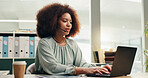 Black woman, consultant and headset with laptop at call center for customer support or online advice at office. African, female person or agent typing with computer for virtual assistance or help