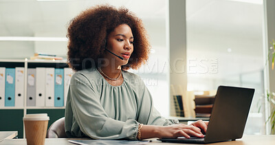 Buy stock photo Black woman, consultant and headset with laptop at call center for customer support or online advice at office. African, female person or agent typing with computer for virtual assistance or help