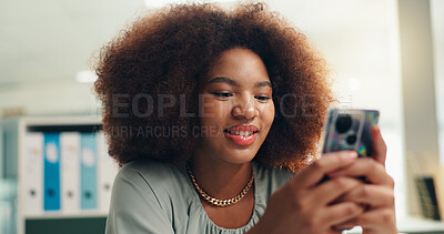 Buy stock photo Smile, phone and woman in home to relax, texting or check social media blog post online. Happy, mobile and African girl in living room for communication, reading news or download chat app on internet
