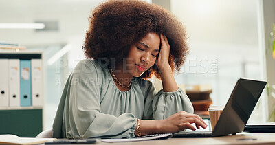 Buy stock photo Headache, laptop and stress with black woman bookkeeper in office for accounting or financial report. Bankruptcy, compliance or debt and finance employee with anxiety or burnout in workplace