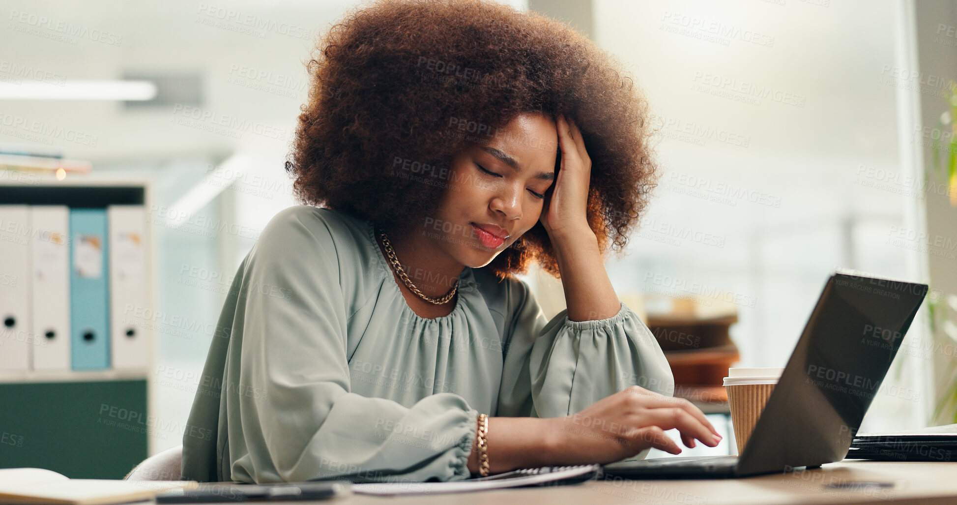 Buy stock photo Headache, laptop and stress with black woman bookkeeper in office for accounting or financial report. Bankruptcy, compliance or debt and finance employee with anxiety or burnout in workplace