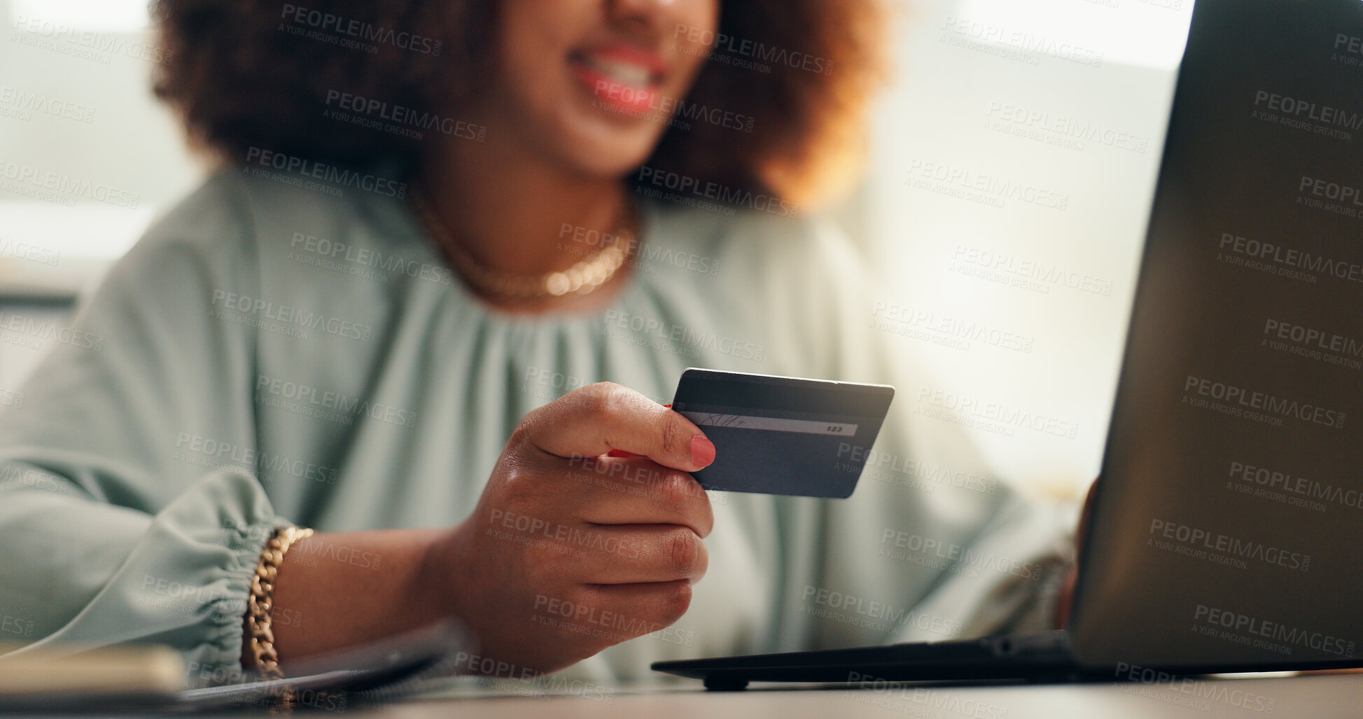 Buy stock photo Business woman, credit card and typing on laptop for online shopping, subscription service or sale. Procurement officer, technology and website for ecommerce, internet payment or company purchase