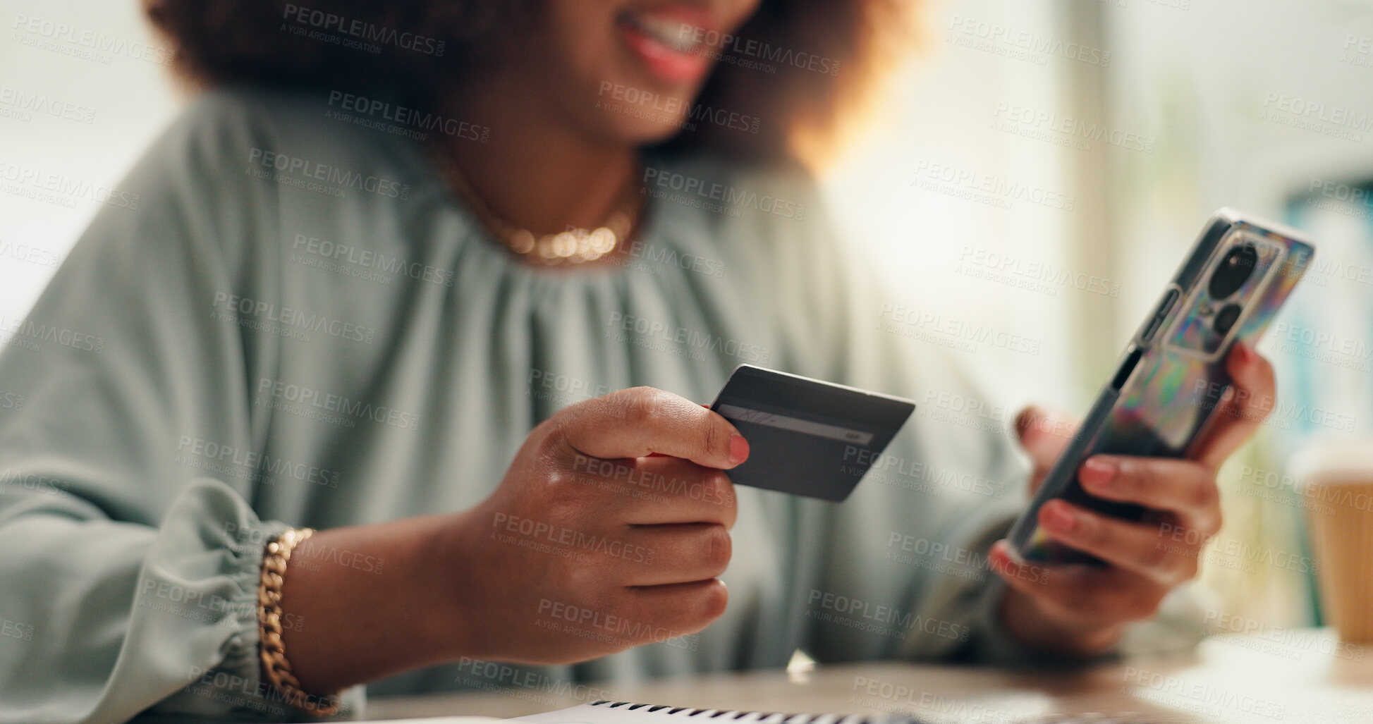 Buy stock photo Business woman, credit card and typing with phone for online shopping, subscription service or sale. Procurement officer, smartphone and website for ecommerce, internet payment or company purchase