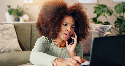 Buy stock photo Woman, laptop and phone call with documents for business, remote work or taxes at home. African person, accountant or financial advisor on smartphone for budget report, discussion or communication