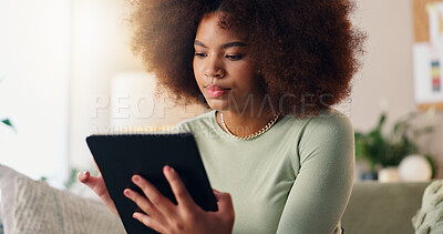 Buy stock photo Tablet, home and African woman with social media, scroll and student reading online article for college. Digital, internet and  internet search with blog app, technology and living room with email