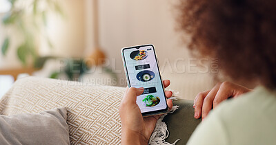 Buy stock photo Phone, app and hands of woman at home with online order, shopping and digital scroll. Mobile, ads and e commerce with web store, technology and internet search for product purchase on screen