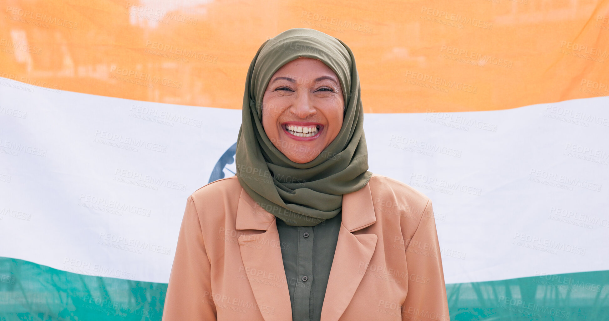 Buy stock photo Muslim, woman and portrait by flag of india for national pride, patriotism and cultural representation. Islamic support, mature person and happy in hijab for independence day and religious freedom