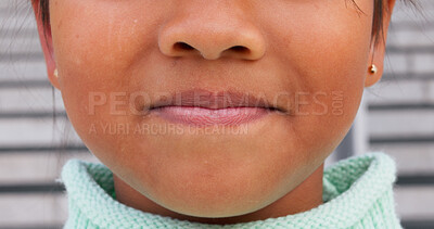 Buy stock photo Girl, child and closeup of lips with smile, positive attitude or healthy development in childhood confidence. Growth, wellness and mouth of happy elementary school kid with emotional intelligence